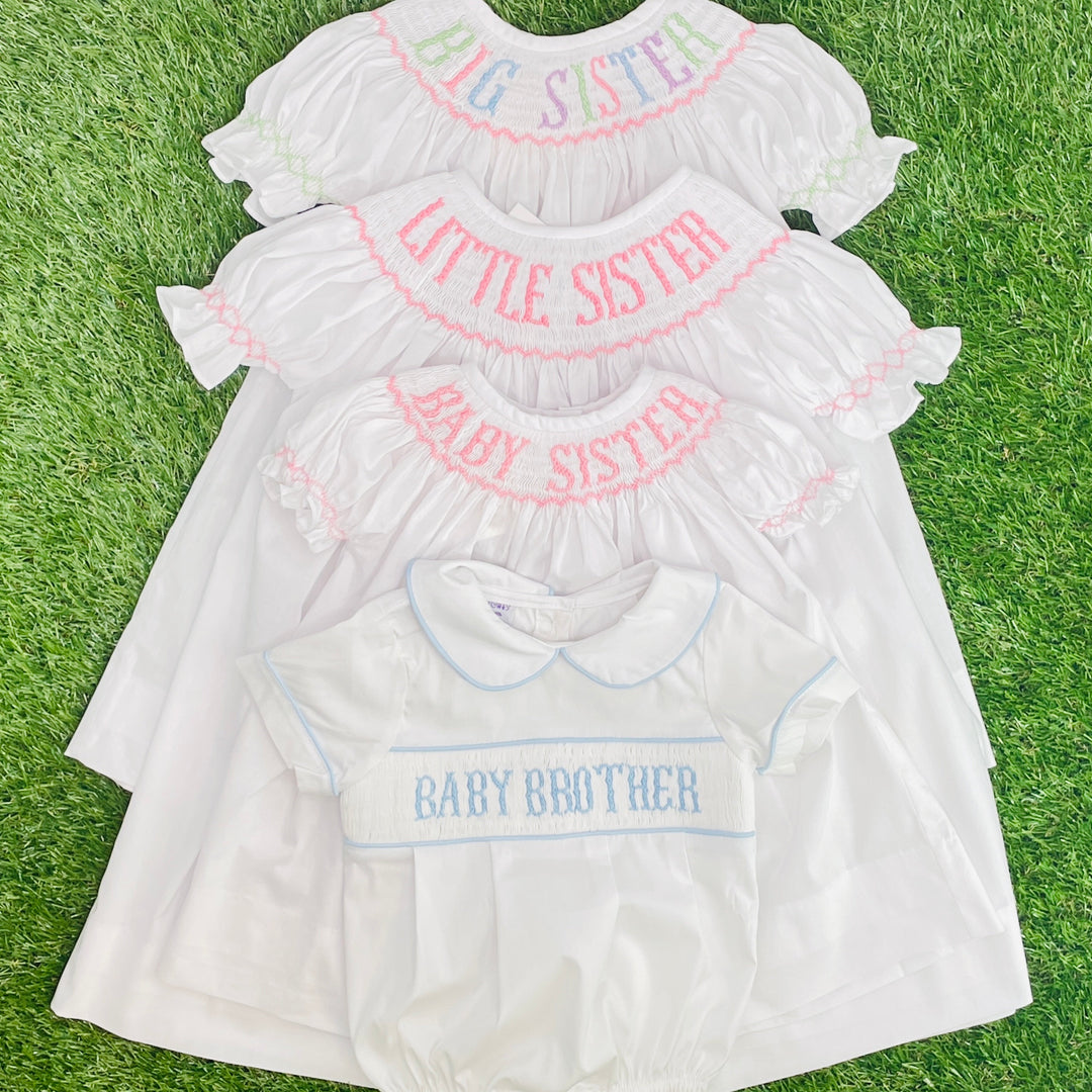 Pastel Colors Big Sister Smocked Bishop Dress - Gender Neutral Pleats and Stitches Pastel Colors Big Sister Smocked Bishop Dress - Gender Neutral Pleats and Stitches