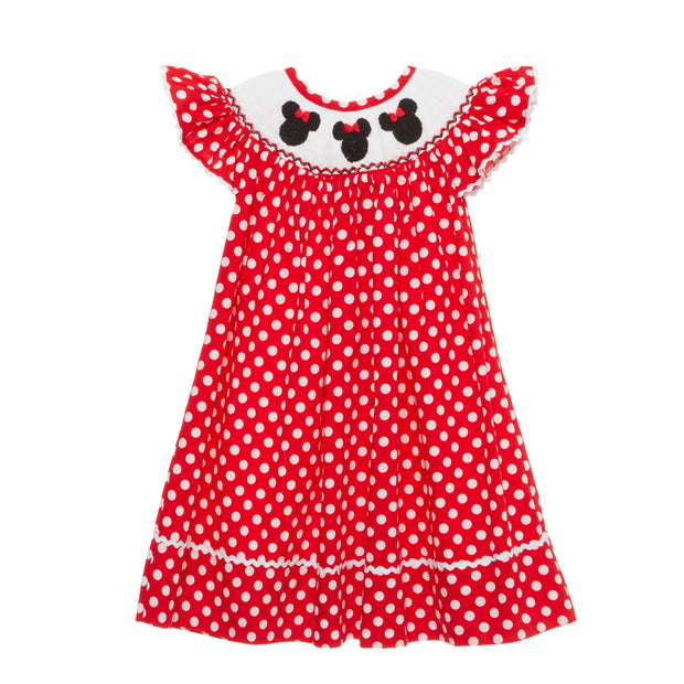 Smocked Mouse Ears Bishop Dress in Red Polka Dot