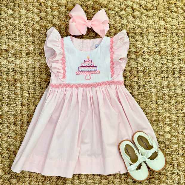 Birthday Smocked Avignon Dress - Embroidered Cake on Pink! Pleats and Stitches Birthday Smocked Avignon Dress - Embroidered Cake on Pink! Pleats and Stitches