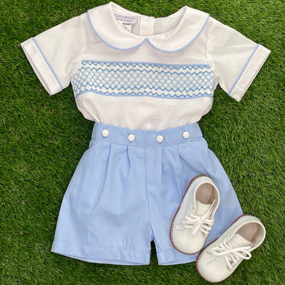 Heirloom Smocked Shirt with button on Shorts in Blue