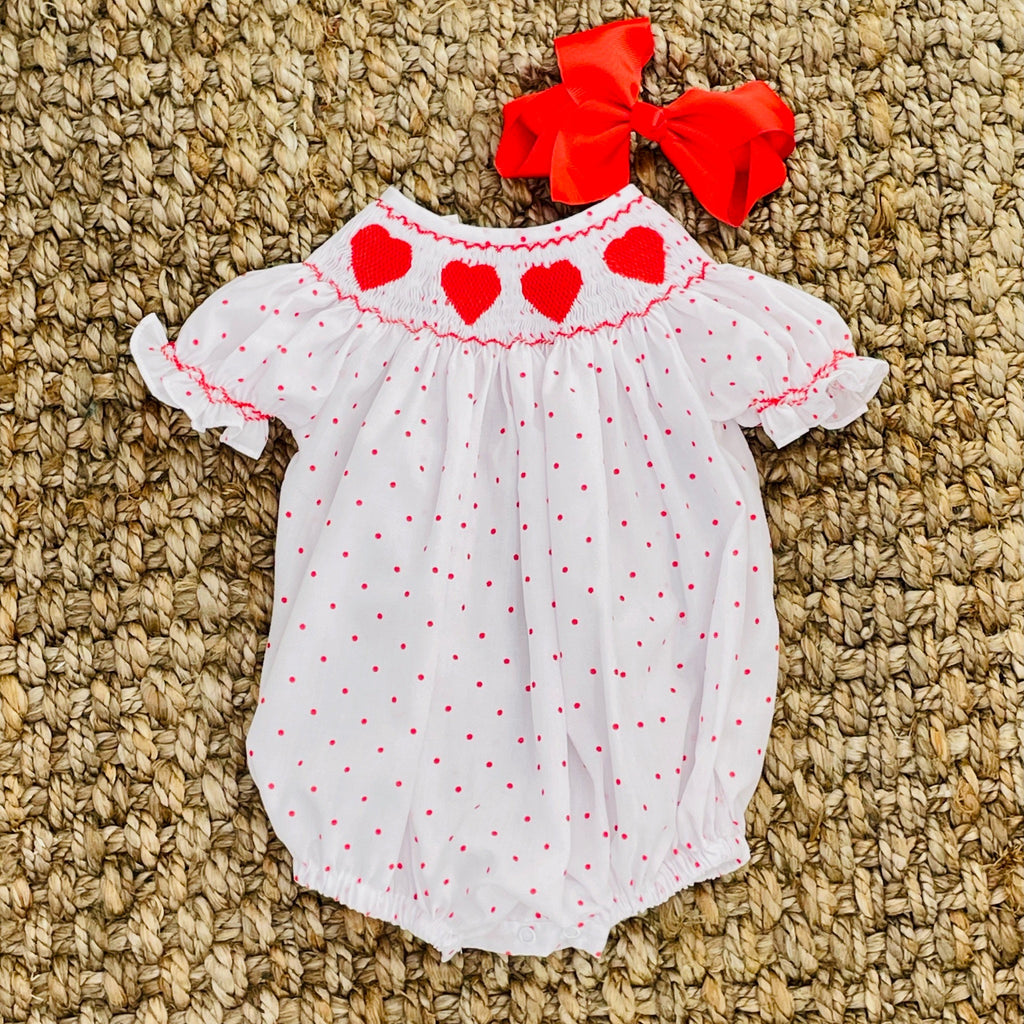 Valentine Smocked Romper - Red Hearts on Red Polka Dot – Pleats