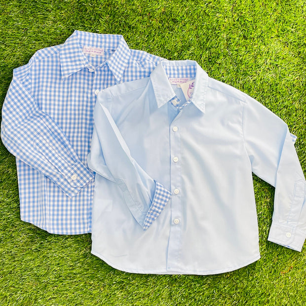 Classic Solid Blue Oxford Shirt with blue gingham accents