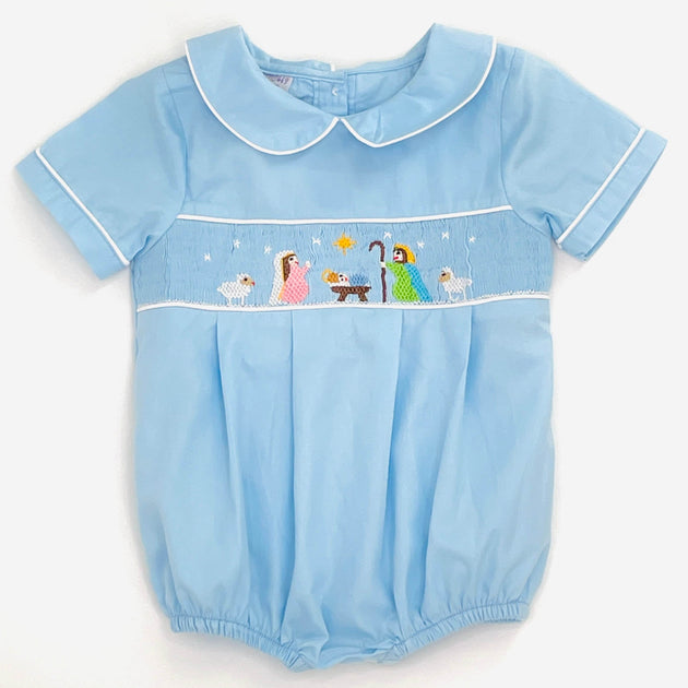 Luli & Me Baby Boys Classic Smocked Bubble - Long Sleeves - Blue main image 1