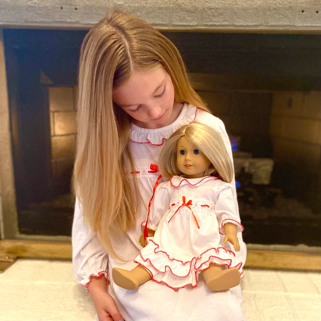 christmas dress with matching doll dress Matching Christmas Nutcracker doll nightgown in White with red ribbon