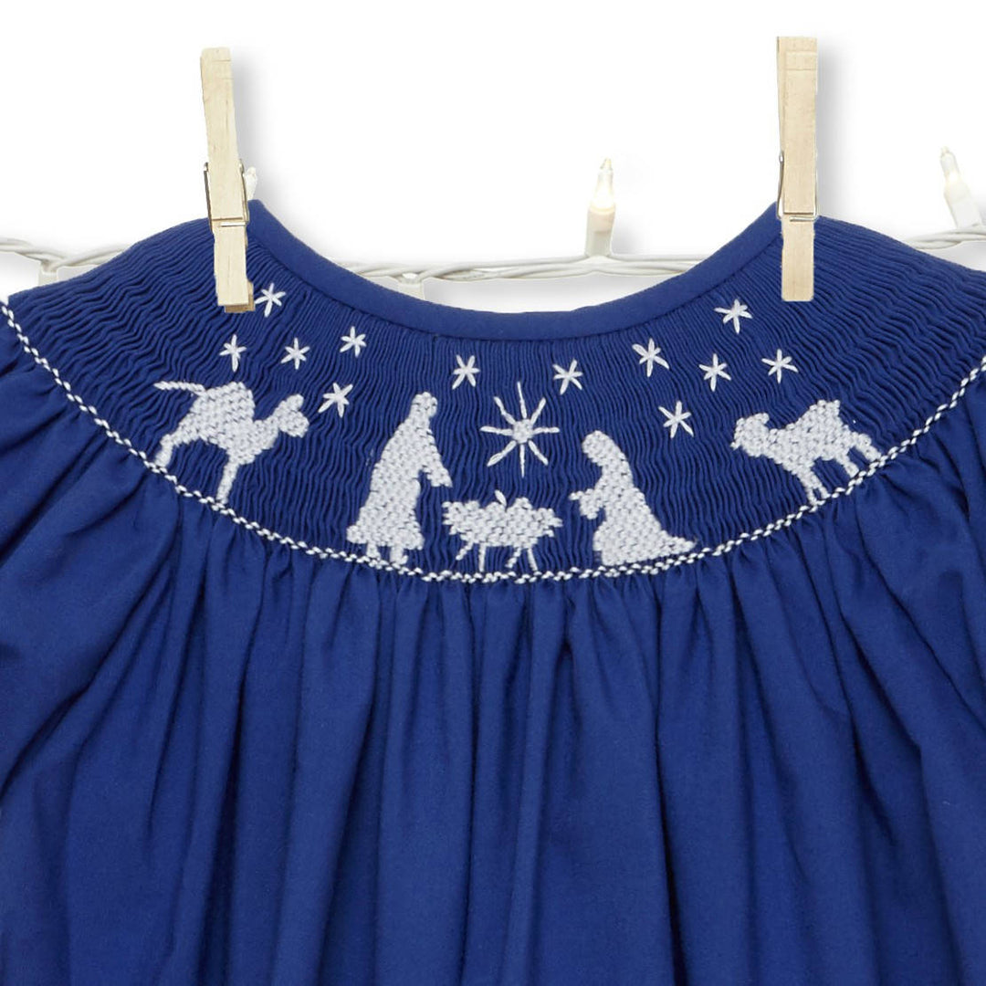 Blue Nativity Christmas Smocked Bishop Dress 9M