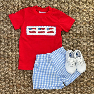 Flag Smocked Knit Shirt in Red