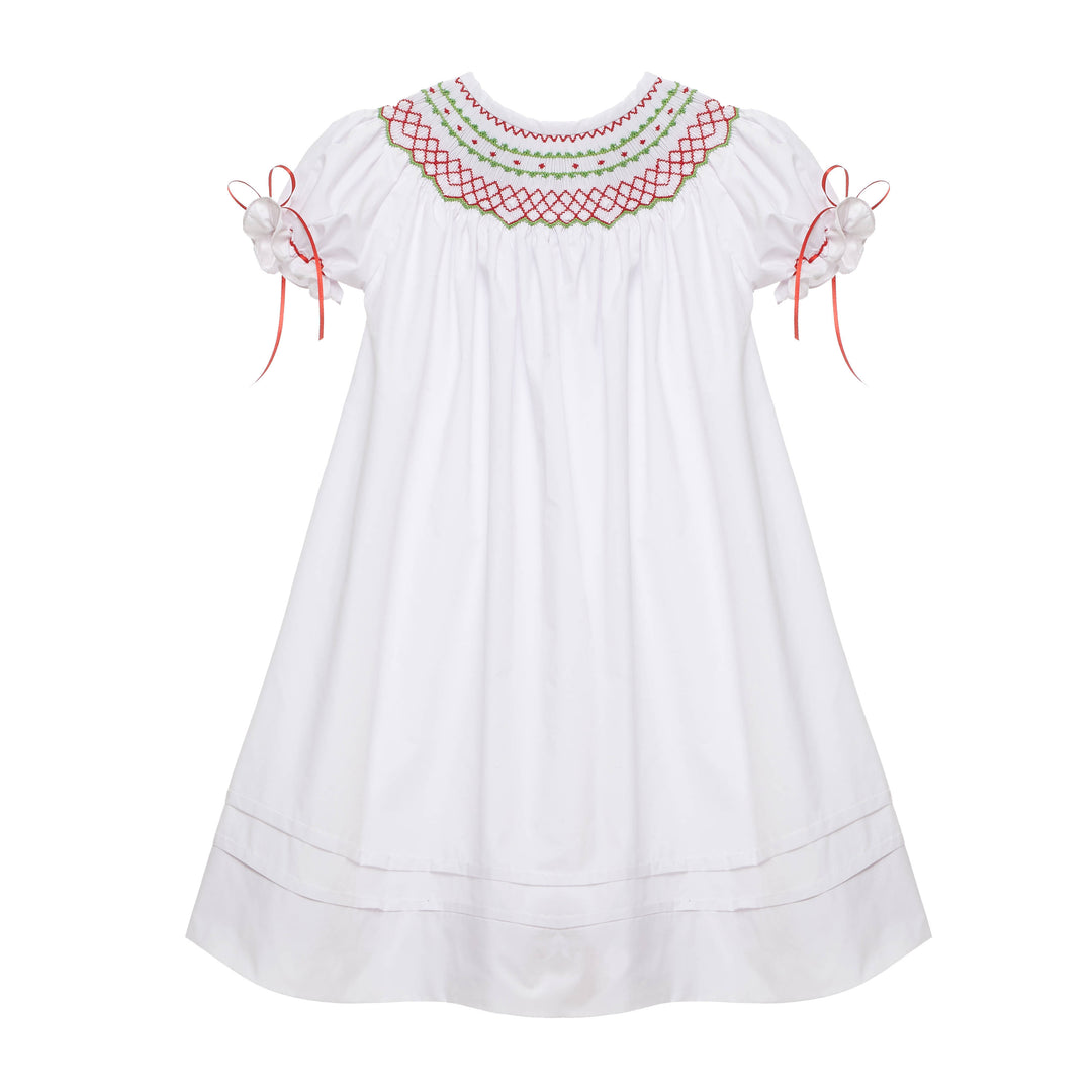 White Classic Smocked Christmas Bishop Dress with Ribbons – Pleats and Stitches