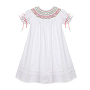 White Classic Smocked Christmas Bishop Dress with Ribbons