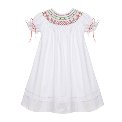 White Classic Smocked Christmas Bishop Dress with Ribbons