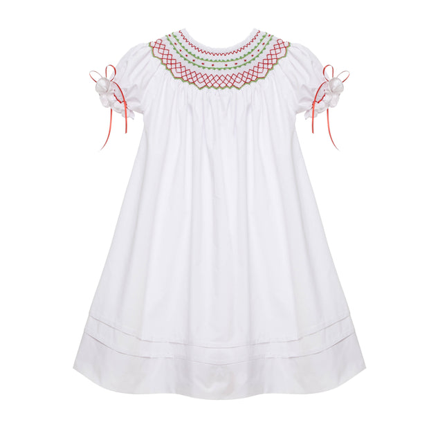 White Classic Smocked Christmas Bishop Dress with Ribbons 8 White Classic Smocked Christmas Bishop Dress with Ribbons 8