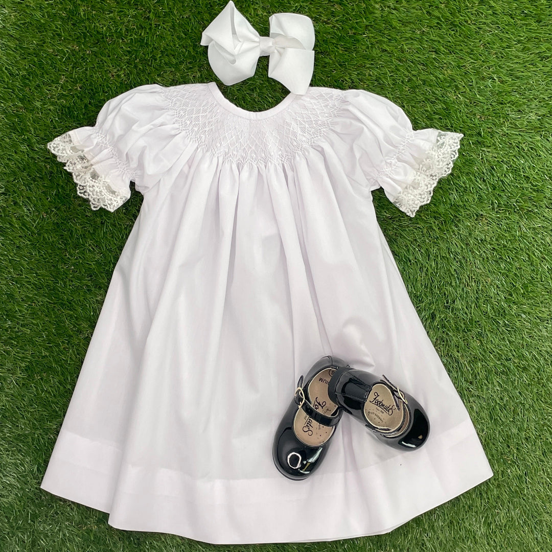 Smocked Heirloom dress white with white smocking ivory lace Pleats and Stitches