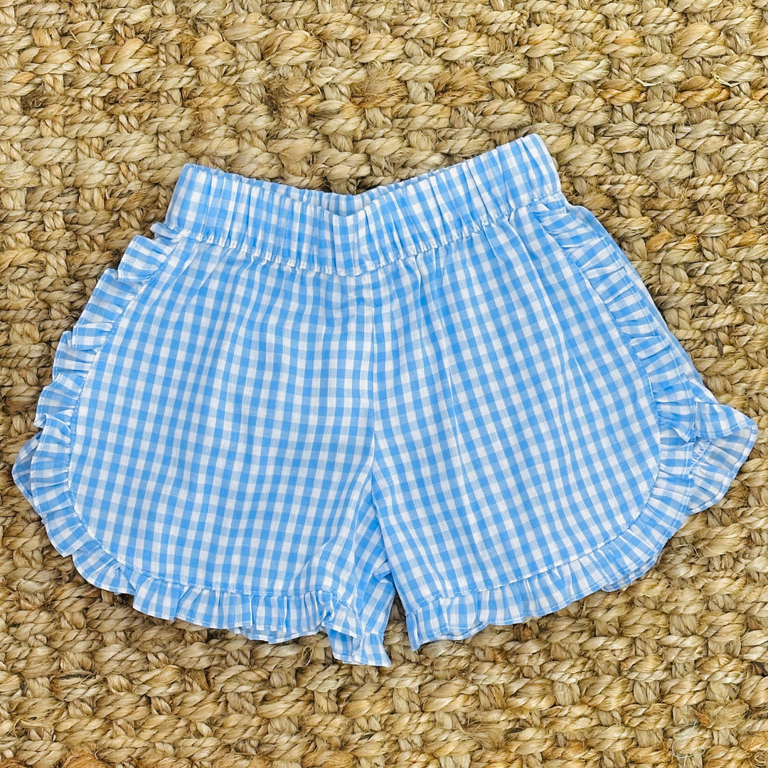 Blue Gingham Girls Shorts with Ruffles Pleats and Stitches