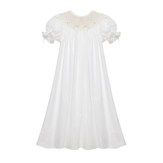 White Smocked Heirloom Bishop Dress with Cream Smocking