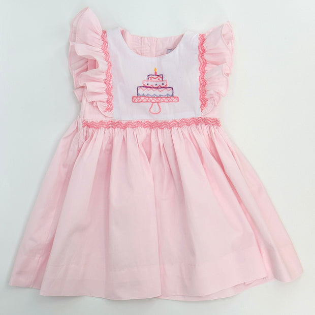 Birthday Smocked Avignon Dress - Embroidered Cake on Pink!