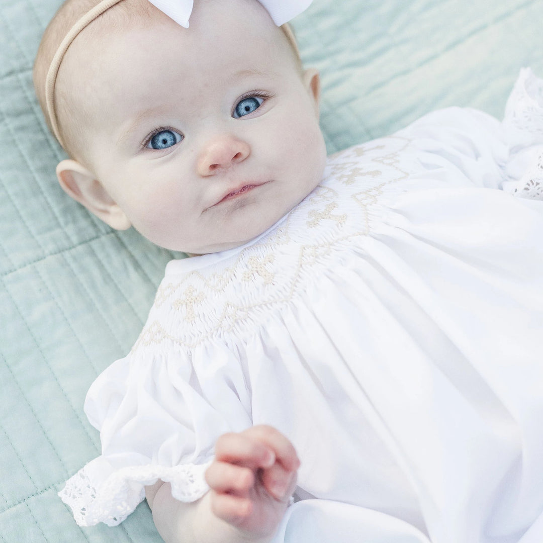 white christmas dresses White Smocked Cross Bishop Dress