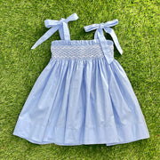 Heirloom Smocked Lyon Dress in blue with Tie Straps