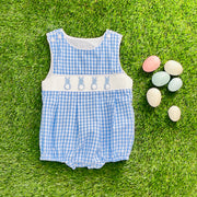 Bunny Smocked Boy's Bubble in Blue Gingham