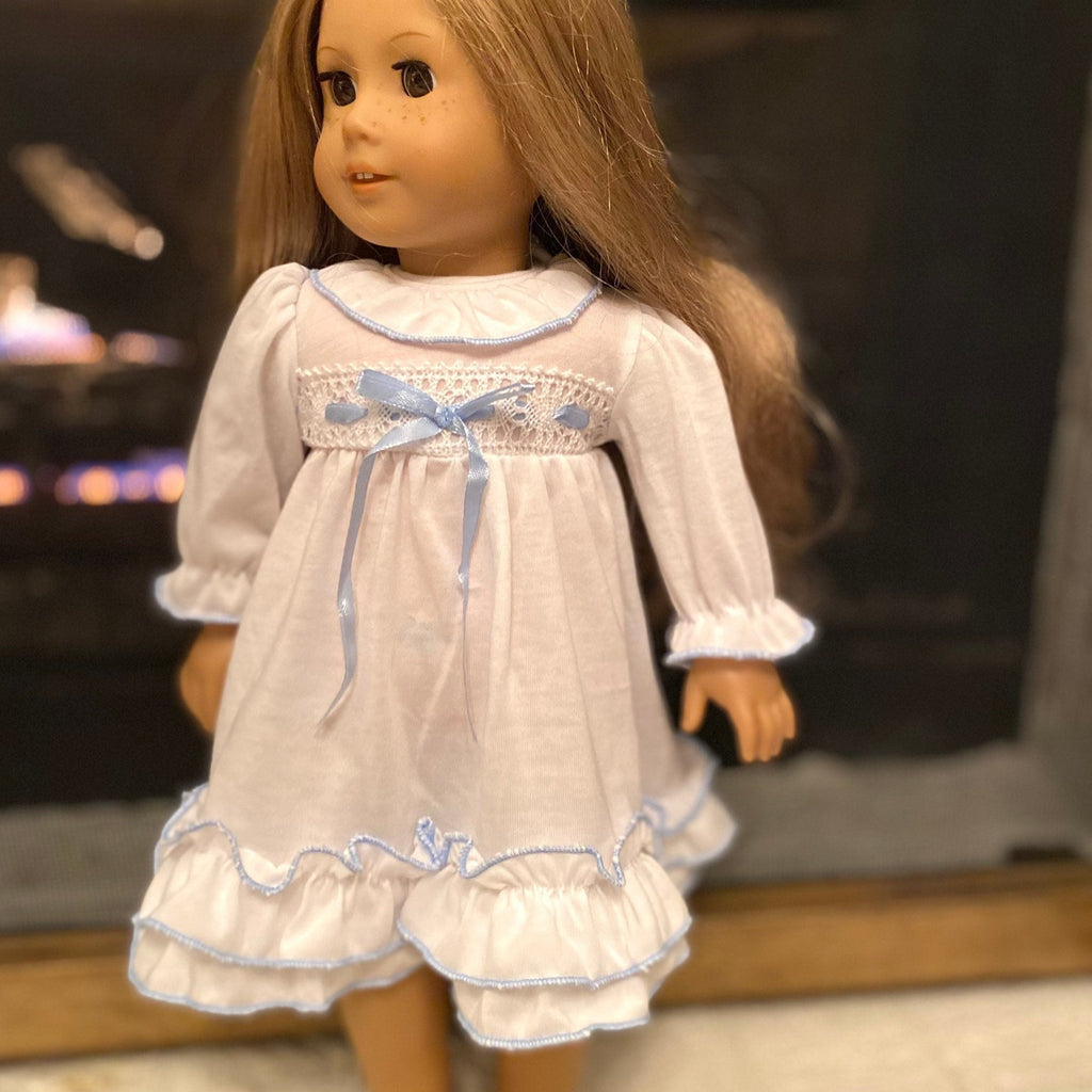 Matching Clara doll nightgown with blue ribbon Fits American Girl doll