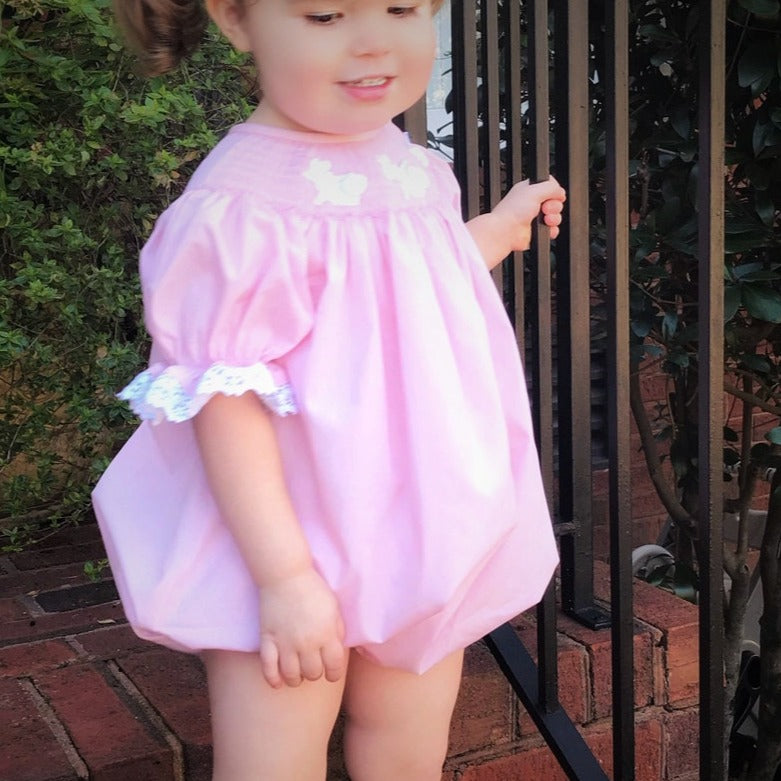 pink smocked easter dress Easter Bunny Smocked Dress- Pink Floral Liberty Print