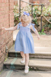 Heirloom Smocked Lyon Dress in blue with Tie Straps