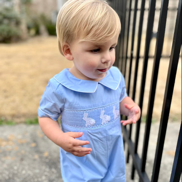 Bunny Smocked Shortall in Blue – Pleats and Stitches
