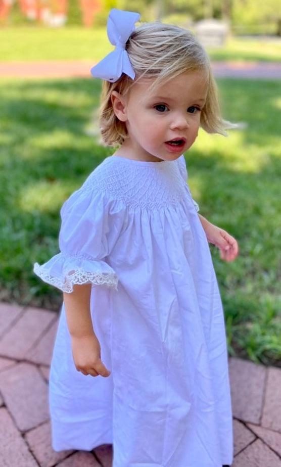 Smocked Heirloom dress - White with White smocking & ivory lace Smocked Heirloom dress - White with White smocking & ivory lace